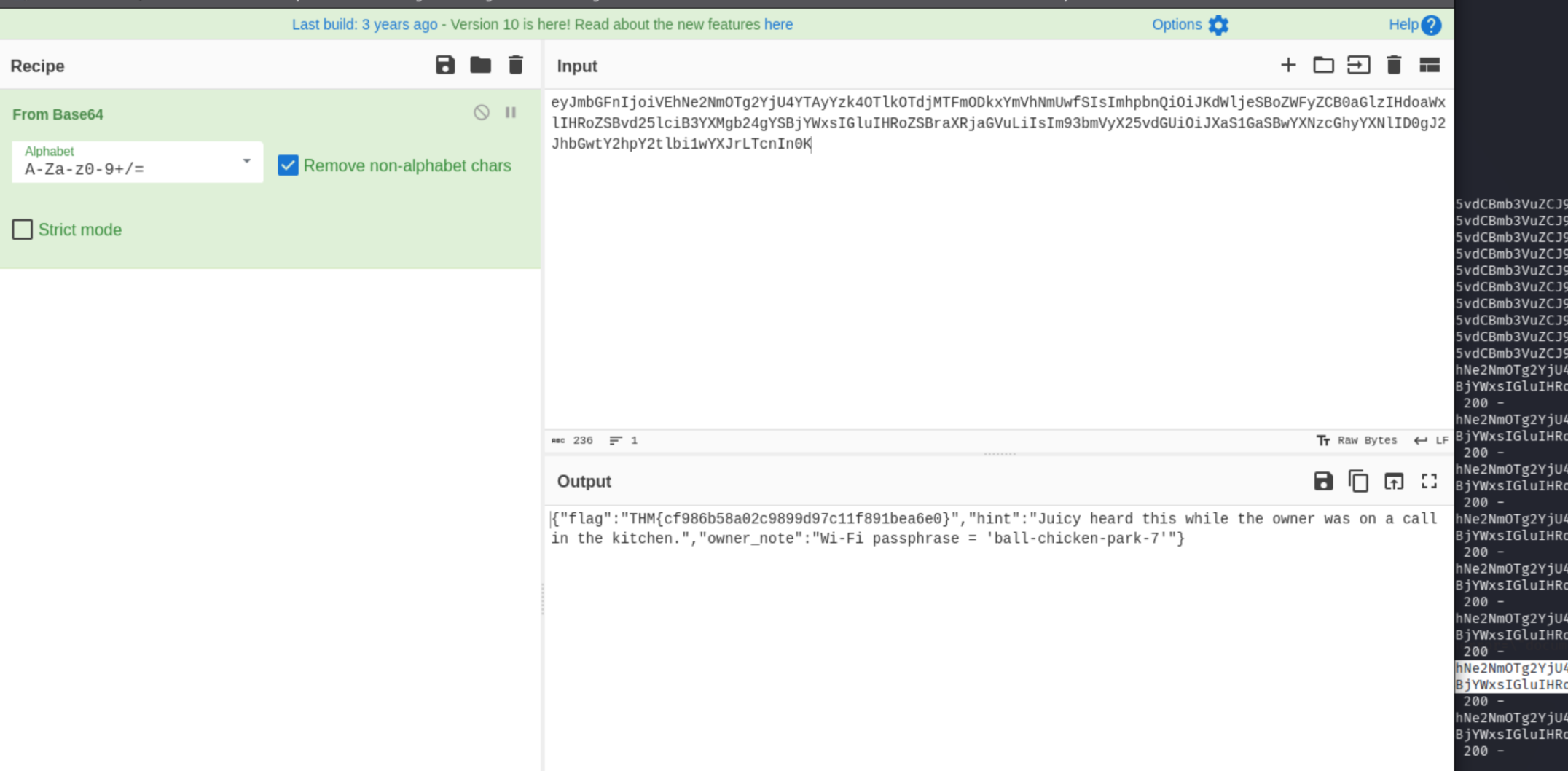 decoded internal secret JSON containing the panel flag and Wi-Fi passphrase